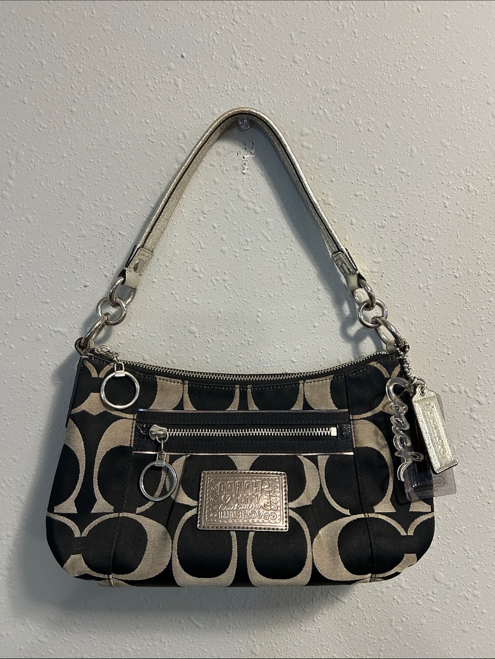 Coach Poppy Vintage Monogram Sateen Shoulder Bag Silver Black